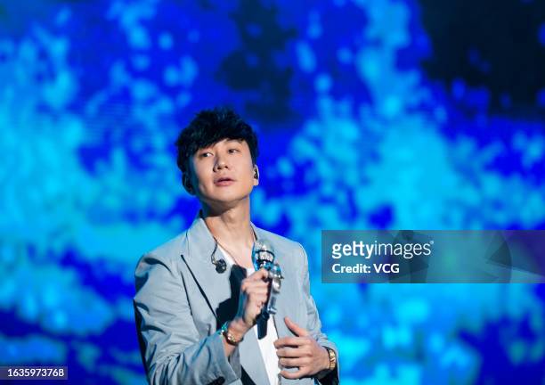 Singer JJ Lin performs on the stage in a concert on August 23, 2023 in Shenyang, Liaoning Province of China.