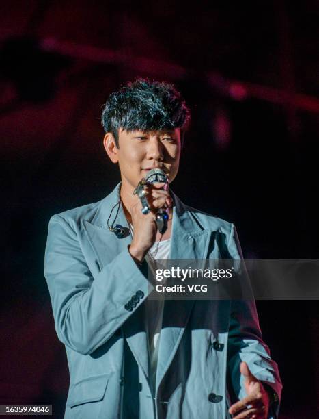 Singer JJ Lin performs on the stage in a concert on August 23, 2023 in Shenyang, Liaoning Province of China.