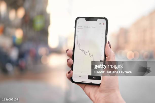 female hand holding smartphone. template with device screen.  urban street on the background. abstract lifestyle photo with copy space - private equity stock pictures, royalty-free photos & images