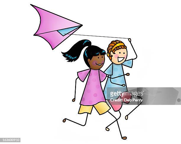girls flying kite - ponytail stock illustrations