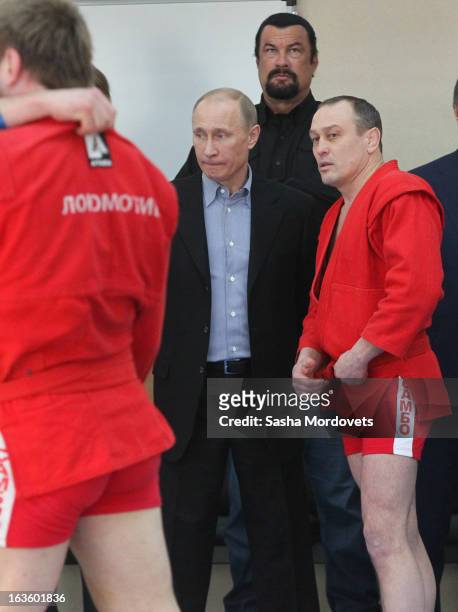 Actor Steven Seagal and Russian President Vladimir Putin are seen visiting Sambo-70, a Russian martial art and combat sport school, March 13, 2013 in...