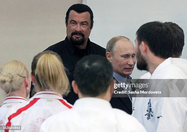 Actor Steven Seagal and Russian President Vladimir Putin are seen visiting Sambo-70, a Russian martial art and combat sport school, March 13, 2013 in...