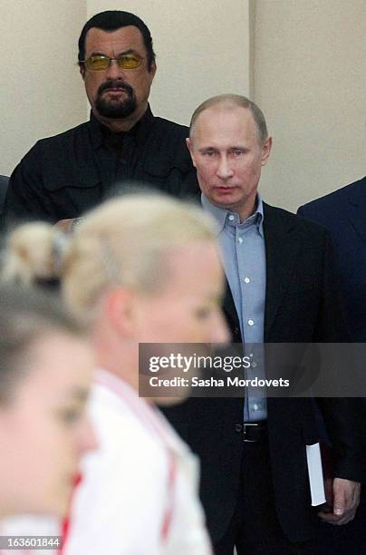 Actor Steven Seagal and Russian President Vladimir Putin are seen visiting Sambo-70, a Russian martial art and combat sport school, March 13, 2013 in...