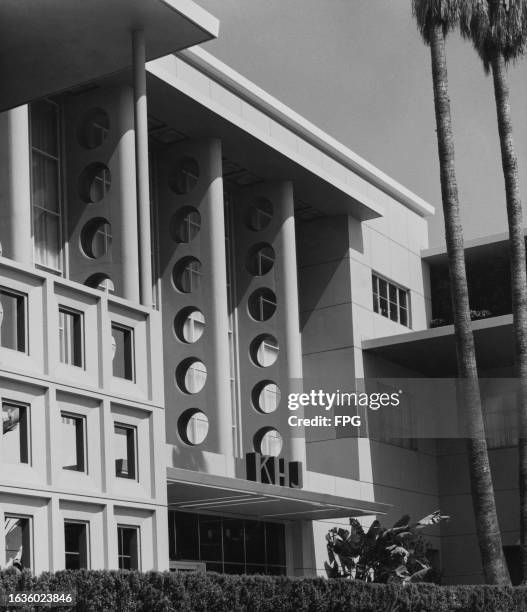An exterior view of the Don Lee Mutual Broadcasting Building, comprising the television and radio studios of the Mutual-Don Lee Broadcasting System,...