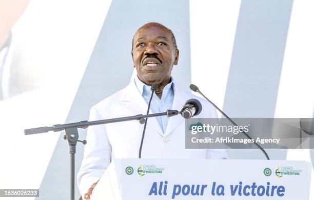 President Ali Bongo Ondimba, candidate of the Gabonese Democratic Party during his speech at the investiture Congress on his behalf, on July 10, 2023...