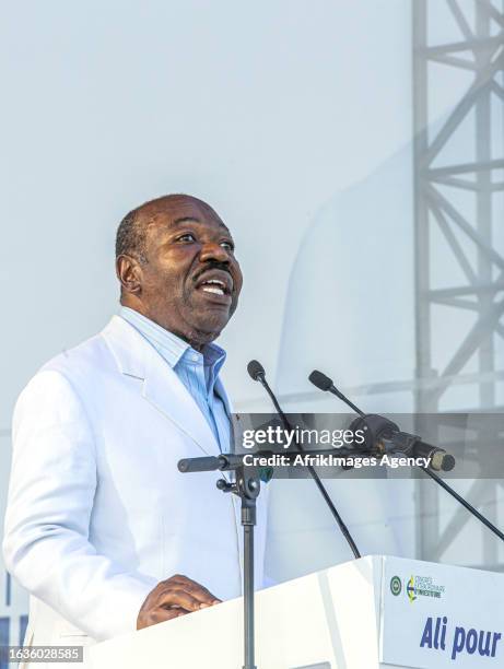 The outgoing President of Gabon, Ali Bongo Ondimba, on 11 July 2023 at the Nzeng-Ayong stadium in Libreville during his speech at the investiture...