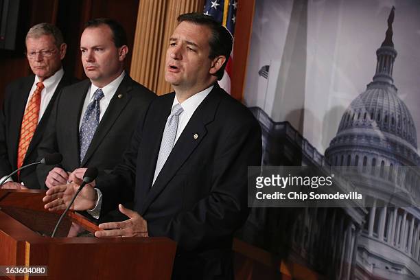 Sen. Ted Cruz , Sen. Mike Lee and Sen. James Inhofe hold a news conference to announce their plan to defund the Patient Protection and Affordable...