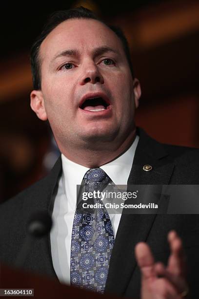 Sen. Mike Lee speaks during a news conference to announce a plan to defund the Patient Protection and Affordable Care Act, also known as Obamacare,...