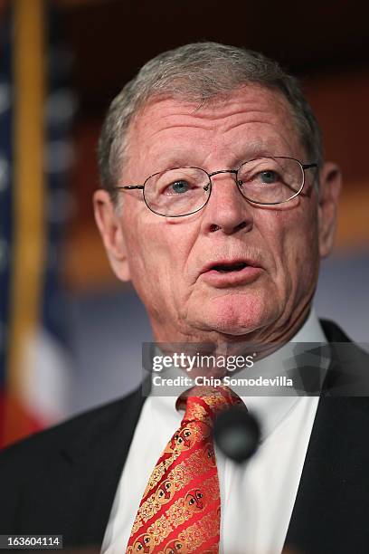 Sen. James Inhofe speaks during a news conference to announce a plan to defund the Patient Protection and Affordable Care Act, also known as...