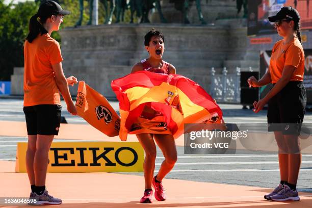 Maria Perez of Team Spain celebrates winning Women's 35 Kilometres Race Walk Final during day six of the World Athletics Championships Budapest 2023...