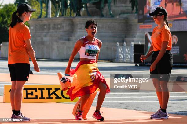 Maria Perez of Team Spain celebrates winning Women's 35 Kilometres Race Walk Final during day six of the World Athletics Championships Budapest 2023...