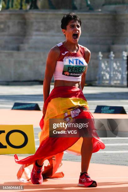 Maria Perez of Team Spain celebrates winning Women's 35 Kilometres Race Walk Final during day six of the World Athletics Championships Budapest 2023...