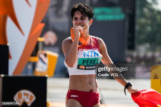 Maria Perez of Team Spain celebrates after winning Women's 35 Kilometres Race Walk Final during day six of the World Athletics Championships Budapest...