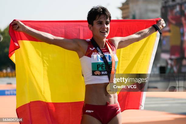 Maria Perez of Team Spain celebrates after winning Women's 35 Kilometres Race Walk Final during day six of the World Athletics Championships Budapest...