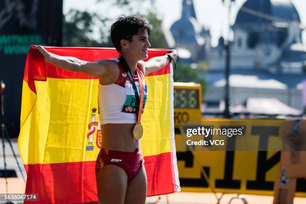 Maria Perez of Team Spain celebrates after winning Women's 35 Kilometres Race Walk Final during day six of the World Athletics Championships Budapest...