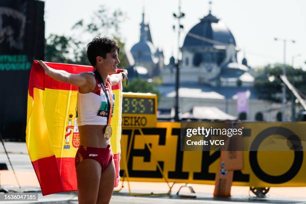 Maria Perez of Team Spain celebrates after winning Women's 35 Kilometres Race Walk Final during day six of the World Athletics Championships Budapest...