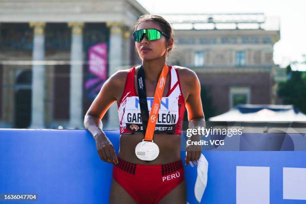 Silver medalist Kimberly Garcia Leon of Team Peru poses after Women's 35 Kilometres Race Walk Final during day six of the World Athletics...