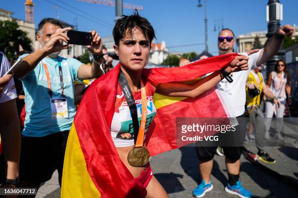 Maria Perez of Team Spain celebrates after winning Women's 35 Kilometres Race Walk Final during day six of the World Athletics Championships Budapest...