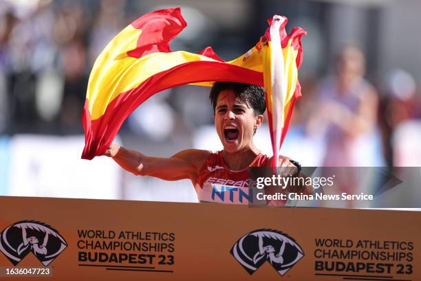 Maria Perez of Team Spain celebrates winning Women's 35 Kilometres Race Walk Final during day six of the World Athletics Championships Budapest 2023...