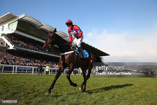 Barry Geraghty riding Sprinter Sacre celebrates victory in the Queen Mother Champion Steeple Chase during Ladies Day at Cheltenham Racecourse on...