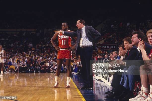 Big East Tournament: Syracuse head coach Jim Boeheim with Greg Monroe on sidelines during game vs Pittsburgh at Madison Square Garden. New York, NY...