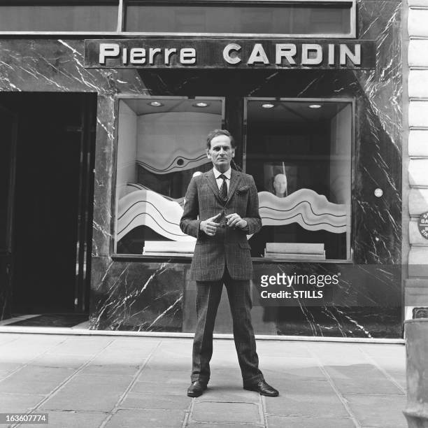 Portrait of French fashion designer Pierre Cardin in front of his shop in London, United Kingdom, in July 1970.
