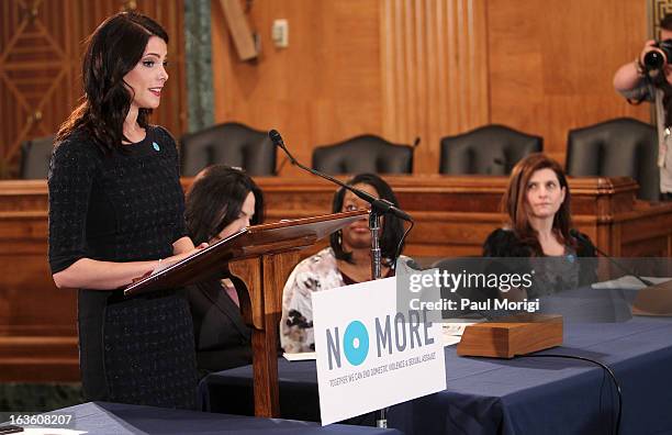 Mark Brand Ambassador Ashley Greene speaks on Capitol Hill with mark President Meg Lerner on NO MORE Day on March 13, 2013 in Washington, DC.