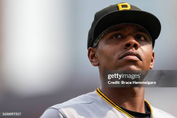 Ke'Bryan Hayes of the Pittsburgh Pirates looks on against the Minnesota Twins on August 20, 2023 at Target Field in Minneapolis, Minnesota.