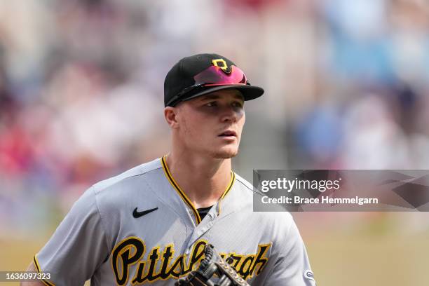 Henry Davis of the Pittsburgh Pirates looks on against the Minnesota Twins on August 20, 2023 at Target Field in Minneapolis, Minnesota.