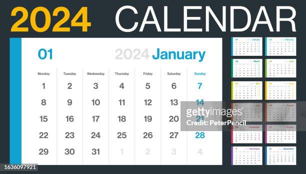 2024 - monthly calendar. color minimalism style landscape horizontal calendar for 2024 year. vector template. the week starts on monday - year calendar stock illustrations