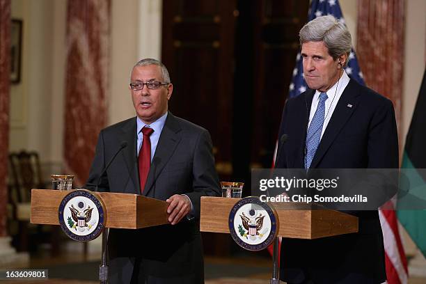 Secretary of State John Kerry and Libyan Prime Minister Ali Zeidan hold a news conference in between bilateral meetings in the Ben Franklin Room at...