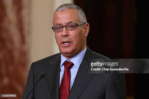 Libyan Prime Minister Ali Zeidan speaks during a news conference in between bilateral meetings with U.S. Secretary of State John Kerry in the Ben...