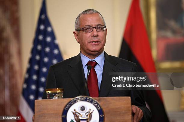 Libyan Prime Minister Ali Zeidan speaks during a news conference in between bilateral meetings with U.S. Secretary of State John Kerry in the Ben...