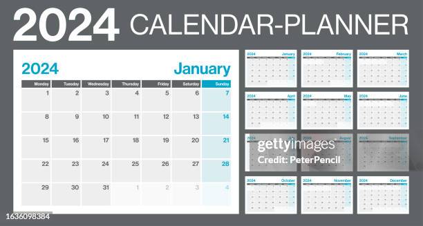 illustrations, cliparts, dessins animés et icônes de 2024 - planificateur de calendrier mensuel. calendrier horizontal de paysage de style minimalisme pour l’année 2024. modèle vectoriel. la semaine commence le lundi - décembre