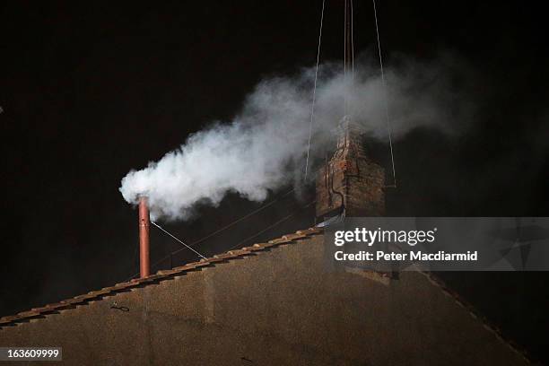 White smoke billows from the chimney on the roof of the Sistine Chapel indicating that the College of Cardinals have elected a new Pope on March 13,...