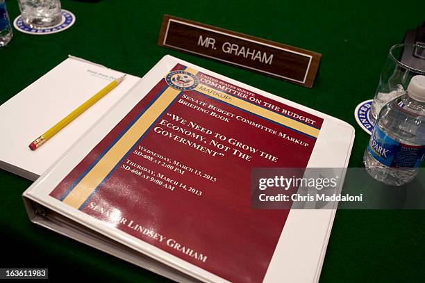 Sen. Lindsey Graham's copy of the budget at a Senate Budget Committee markup of the Concurrent Resolution on the Budget for FY2014.