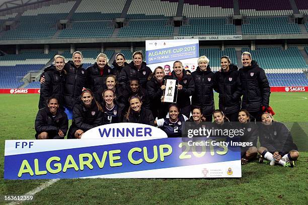 The USA team pose as the winners of the Algarve Cup 2013 Final at the Estadio Algarve on March 13, 2013 in Faro, Portugal.