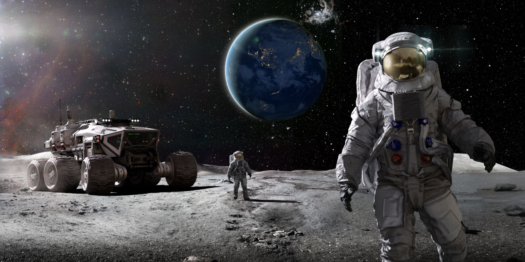 Astronauts Walking On Lunar Surface With Moon Rover Astronauts Walking On Lunar Surface With Moon Rover