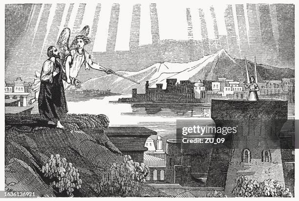 the new jerusalem descends (revelation 21), wood engraving, published 1837 - book of revelation stock illustrations