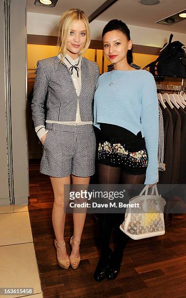 Laura Whitmore and Leah Weller attend the Panasonic Technics 'Shop To The Beat' Party hosted by George Lamb at French Connection, Oxford Circus, on...