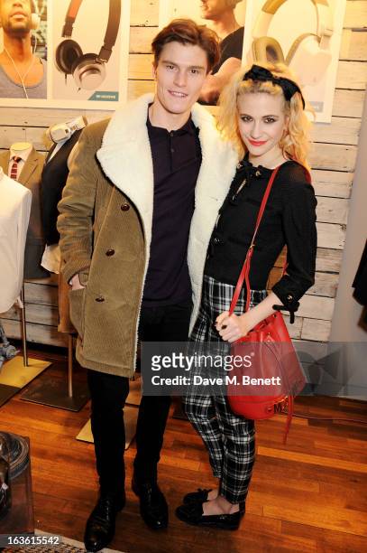 Oliver Cheshire and Pixie Lott attend the Panasonic Technics 'Shop To The Beat' Party hosted by George Lamb at French Connection, Oxford Circus, on...