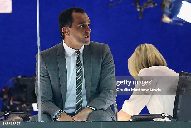 Wigan Manager Roberto Martinez watches the game from a TV studio during the FA Cup sponsored by Budweiser Sixth Round Replay match between Blackburn...