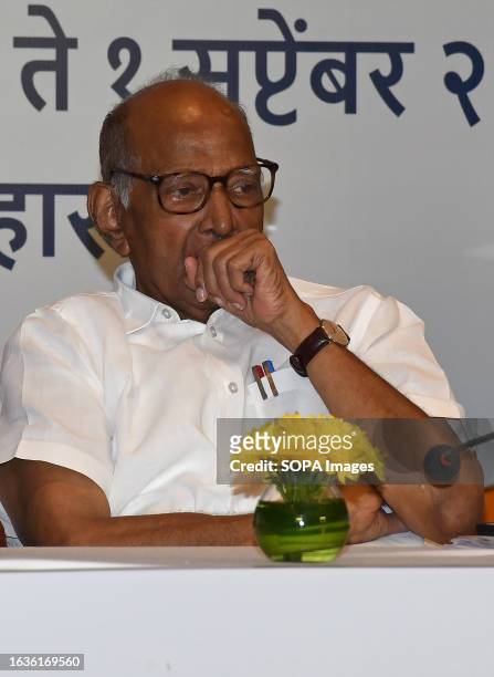 Nationalist Congress Party chief Sharad Govindrao Pawar is seen during the Maha Vikas Aghadi press conference in Mumbai. The press conference was...