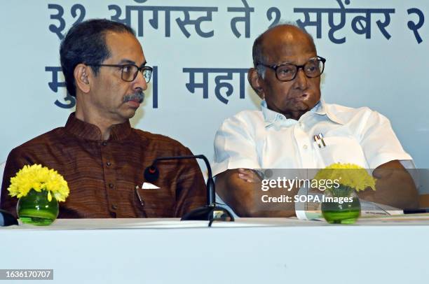 Shiv Sena chief Uddhav Thackeray and Nationalist Congress Party chief Sharad Govindrao Pawar are seen during the Maha Vikas Aghadi press conference...