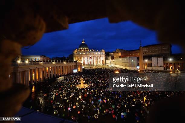 Pilgrims gather in St Peter's Square on day two of the conclave on March 13, 2013 in Vatican City, Vatican. Argentinian Cardinal Jorge Mario...