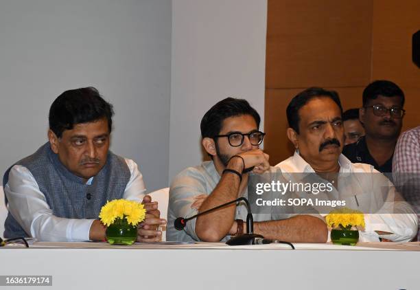 Indian National Congress leader Ashok Shankarrao Chavan and Shiv Sena politician Aaditya Uddhav Thackeray and Nationalist Congress Party politician...