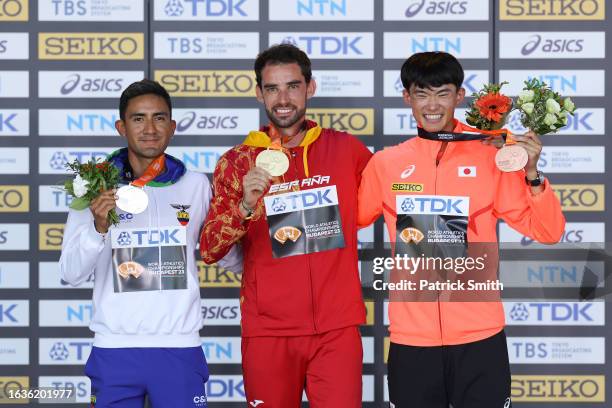 Silver medalist Brian Daniel Pintado of Team Ecuador, Gold medalist Alvaro Martin of Team Spain, and Bronze medalist Masatora Kawano of Team Japan...