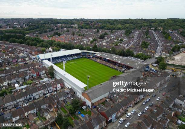 An aerial view of Kenilworth Road stadium, home of Luton Town Football Club on August 24, 2023 in Luton, England.