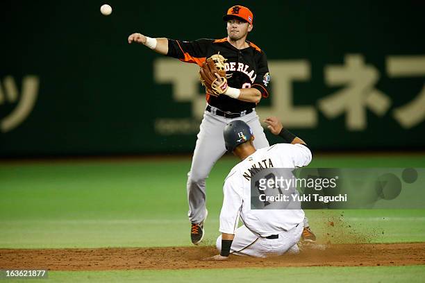 Michael Duursma of Team Netherlands starts a double play in the seventh inning during Pool 1, Game 6 between the Netherlands and Japan in the second...