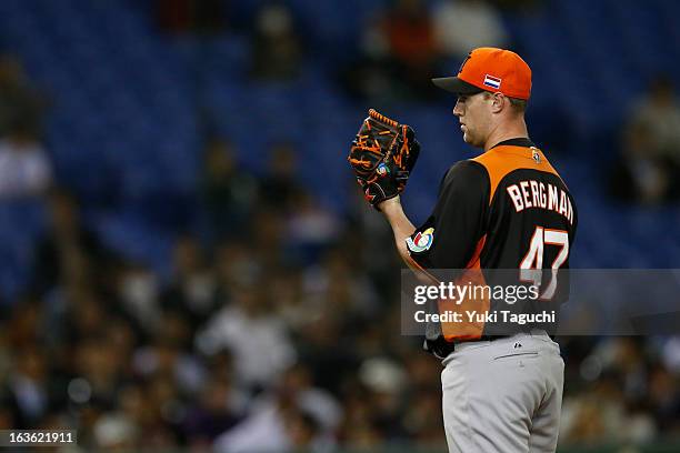 David Bergman of Team Netherlands pitches during Pool 1, Game 6 between the Netherlands and Japan in the second round of the 2013 World Baseball...